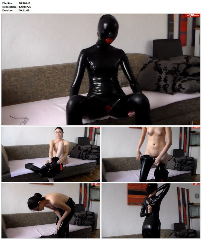 Rubber pussy play kinky condom catsuit