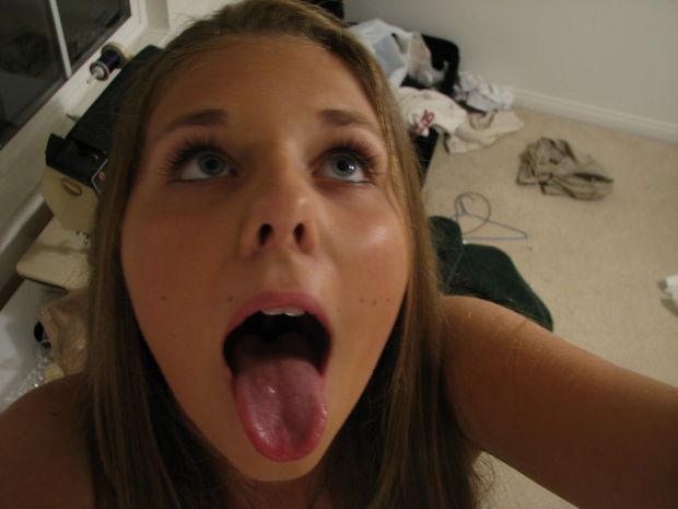 Teen girl cum on tongue